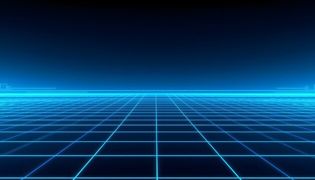 Neon blue grid pattern on dark background with futuristic lines and squares