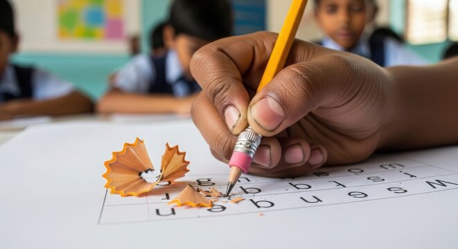 Student writing with pencil on paper surrounded by pencil shavings and peers in classroom setting. Writing process highlighted with student's hand holding pencil and shavings on desk.