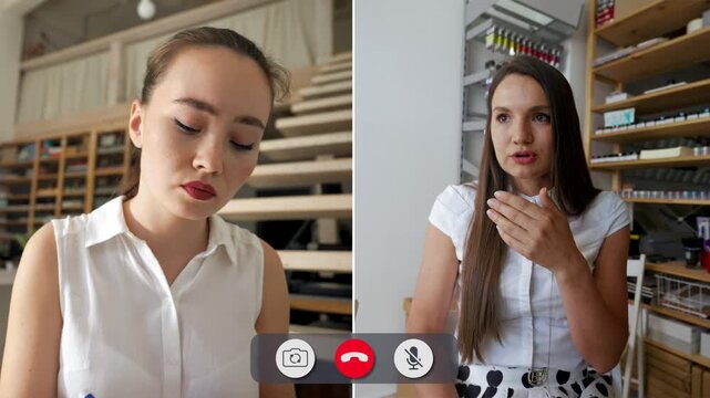 Students engage in online calls. Some express confusion while others show frustration. The setting is a classroom with books and art supplies in view.