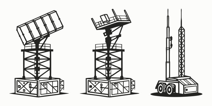 Set of mobile military radar stations and surveillance vehicle with military technology military equipment military assets ground based antenna array military truck defense system military base