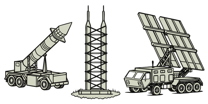 Set of military missile launchers and radar surveillance vehicle with military technology defense system missile launcher combat vehicle military weapon strategic defense tactical missile