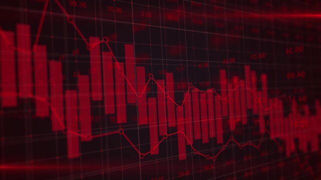 Stock market trading graph in red as 3D illustration background showing economy trading trends, financial crisis, economic development and investment decline concept