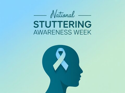 National stuttering awareness week with blue ribbon inside head silhouette