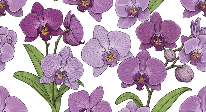 Purple orchids on white background seamless pattern floral design