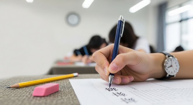 Student exam with hand writing on answer sheet in classroom during test. Student participates in academic assessment, showing focus while peers also work silently.