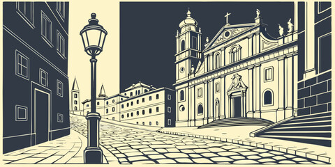 Line art drawing of a historic italian town square with stone church and street lamp architecture cobblestone building illustration historic exterior european landmark heritage perspective © Suriya