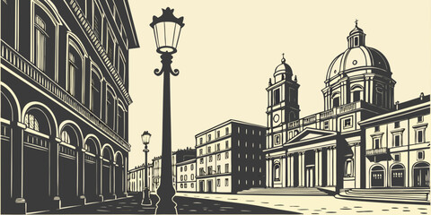 Graphic art style depiction of a domed cathedral in a classic european plaza with cathedral architecture building illustration european landmark historic perspective exterior heritage © Suriya