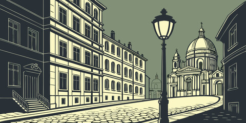 Illustration of old town street with historic dome architecture and cobblestone pavement architecture cityscape cobblestone historic building illustration landscape perspective townhouse © Suriya