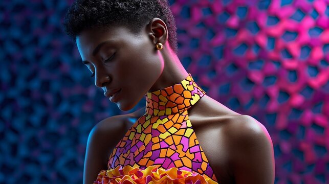 Eine dunkelh&auml;utige Frau in einem bunten afrikanischen Musterkleid posiert vor einem farbenfrohen abstrakten Hintergrund
