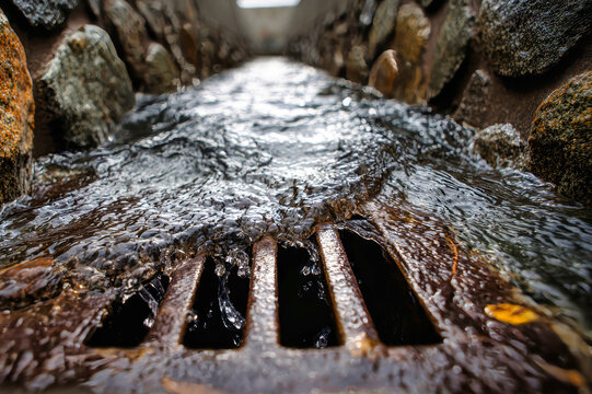 Storm drain hatch with flowing water near a rocky embankment on a rainy day