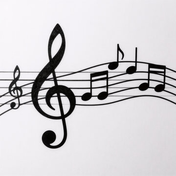 Black And White Ink Music Key. Stylized Melody Wave Featuring Treble Clef And Musical Notes