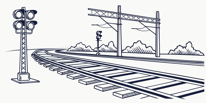 Curved railway track infrastructure with signals and power lines train tracks railway signal rail infrastructure rail system heavy transport railway line rail network rail corridor railroad