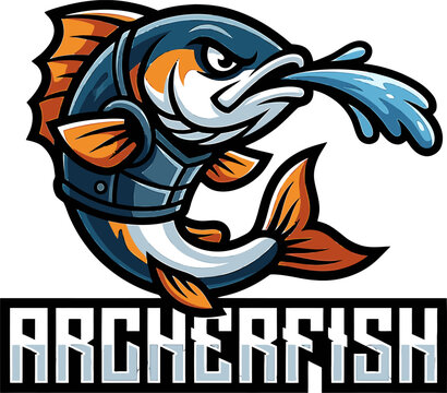 A dynamic vector illustration of a fierce archerfish mascot wearing armor and spitting water, perfect for an esports or sports team logo