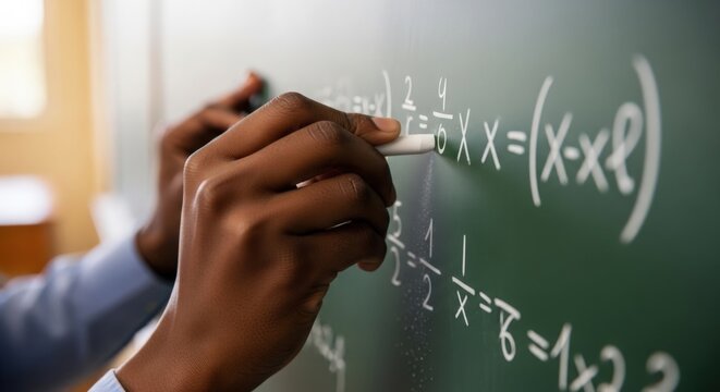 Mathematical equation being solved on blackboard by teacher using chalk, focus on hands writing algebraic expressions and formulas.