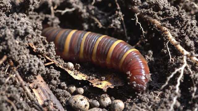  Close-up of earthworm in soil, soil health concept, sustainable agriculture theme