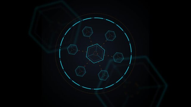 Abstract Digital Blockchain Network Connected with Glowing HUD Cubes
