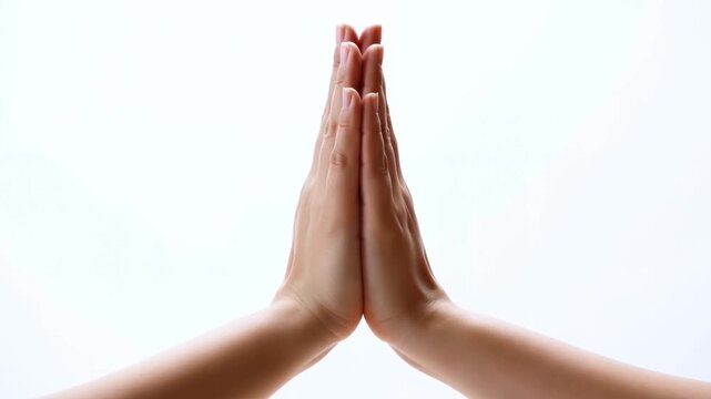 Static closeup shot of two hands pressed together in namaste or prayer gesture against soft white background