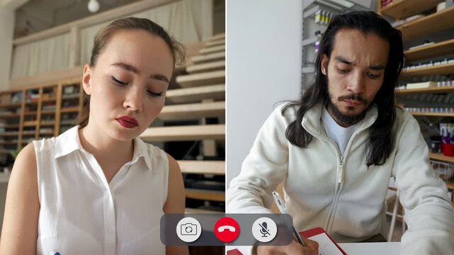 Students interact on an online call while studying. One student appears focused, while the other shows signs of stress. The setting is a study area at home.