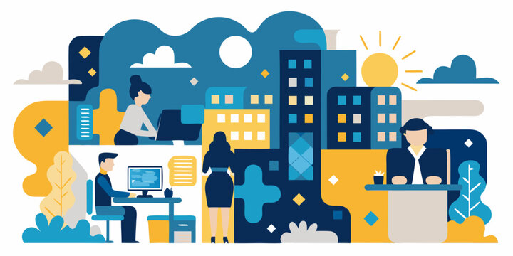 collaborative business scene with people working in a modern cityscape high quality professional detailed elegant