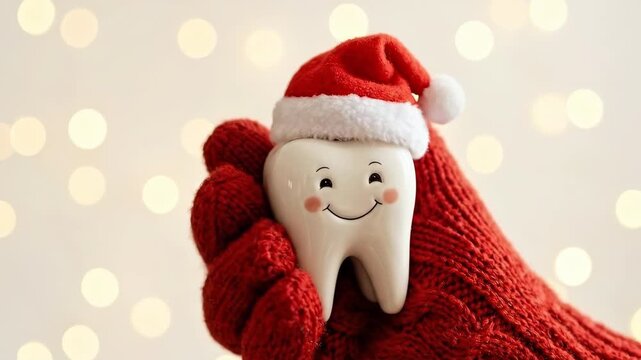 Festive tooth with Santa hat held in red knitted glove, holiday dental care concept, playful seasonal close up on clean background, no logos