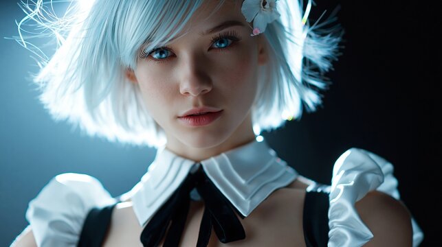 Eine junge Frau mit wei&szlig;en kurzen Haaren und auff&auml;lligem Make-up blickt in wei&szlig;em Kost&uuml;m direkt in die Kamera vor dunklem Hintergrund