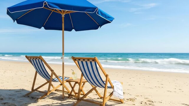 Two deck chairs with blue parasol on sandy beach, summer travel and vacation concept with copy space, bright sunlit scene, clean minimal layout, no logos