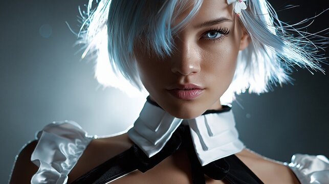 Eine junge Frau mit wei&szlig;en kurzen Haaren und auff&auml;lligem Make-up blickt in wei&szlig;em Kost&uuml;m direkt in die Kamera vor dunklem Hintergrund