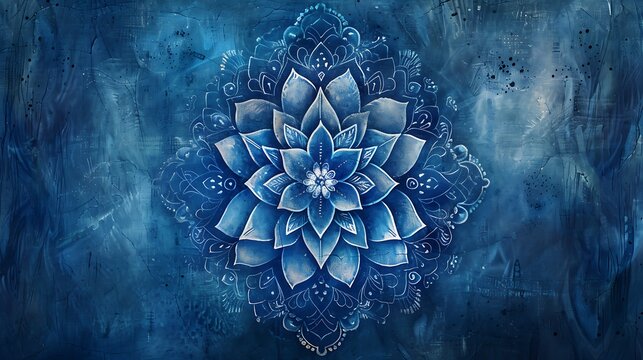 Blue lotus flower mandala design with intricate petals and patterns on a textured background