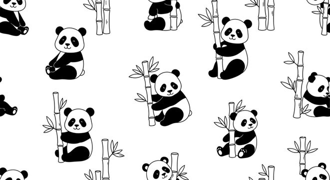 Cute pandas with bamboo cartoon seamless pattern black and white