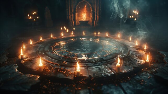 Occult ritual circle with candles and glowing symbols in dark room. AI-generated.