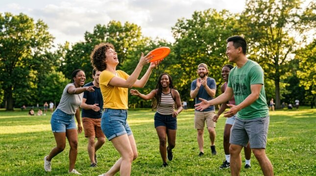 A group of people playing frisbee in a park.