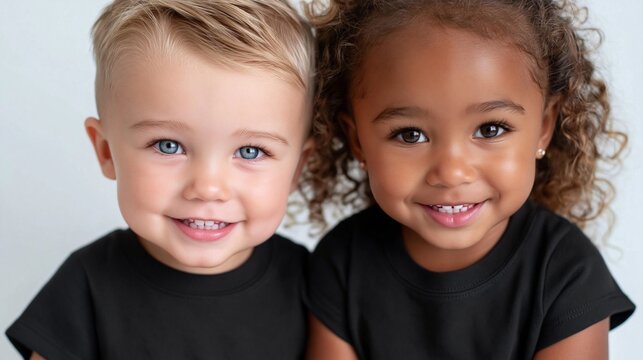 Zwei l&auml;chelnde Kleinkinder &ndash; ein helles und ein dunkelh&auml;utiges &ndash; in schwarzen T-Shirts vor wei&szlig;em Hintergrund
