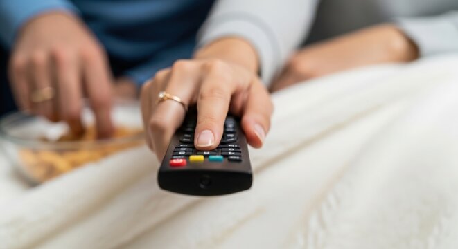 Cozy evening with couple watching TV and enjoying snacks while using remote control. Comfortable setting includes snacks in bowl, warm blanket, and focused expressions.