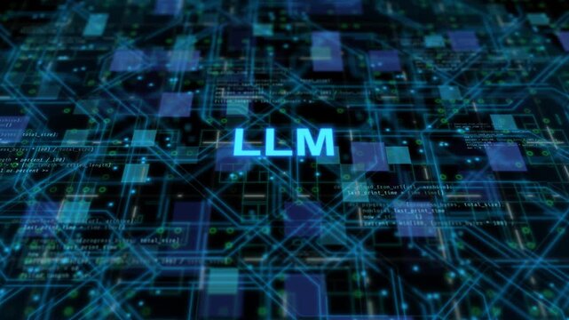 Large language model artificial intelligence concept showing deep learning neural network data processing, natural language understanding, and generative AI technology interface