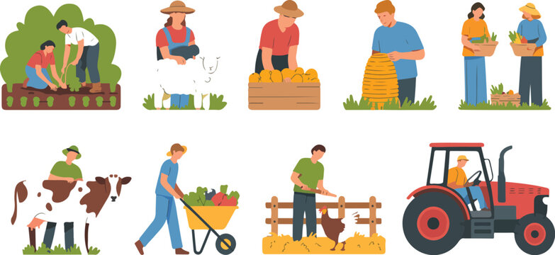 Farm life people vector farmers with animals harvesting season woman feeding chickens couple with basket tractor agriculture illustration
