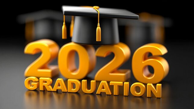 Mehrere goldene dreidimensionale &bdquo;2026 Graduation"-Schriftz&uuml;ge mit Abschlussquadraten auf dunklem Hintergrund.