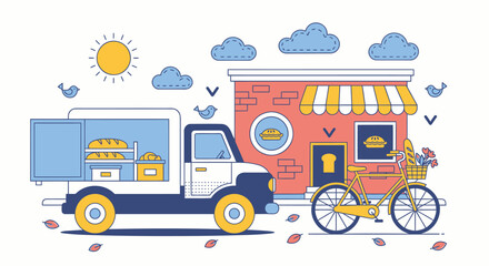Naklejka premium Colorful food truck, bicycle, and shop vector illustration, street food, delivery, restaurant icons