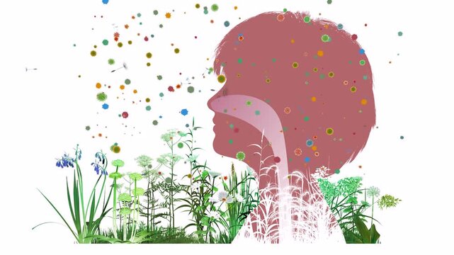 3D animated illustration of a woman's head profile with the upper human respiratory system (ENT). Graphically mixed with wildflowers and pollen floating in the air that trigger spring allergies. 