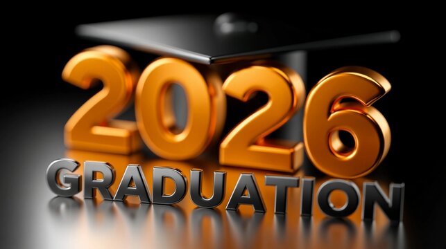 Mehrere goldene dreidimensionale &bdquo;2026 Graduation"-Schriftz&uuml;ge mit schwarzen Abschlussquadraten auf dunklem Hintergrund.