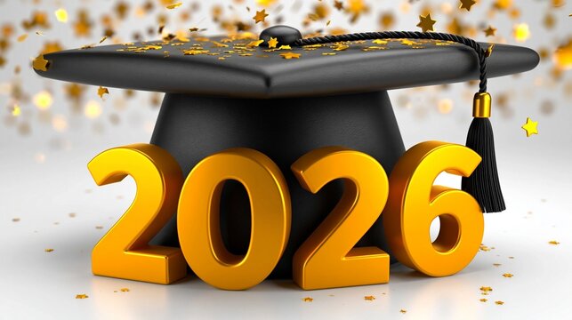 Ein schwarzer Abschlussquadrat auf goldener Zahl 2026 mit Konfetti auf wei&szlig;em Hintergrund