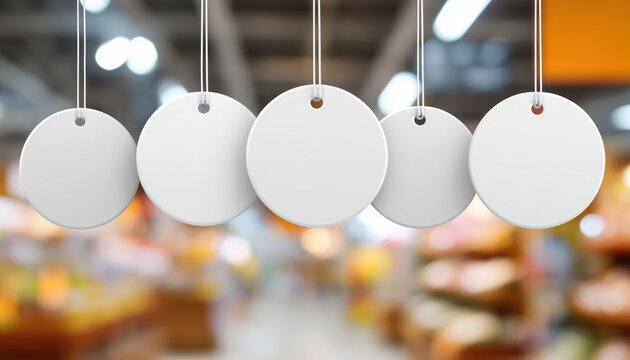 Round Label Sticker And Dangler Promotion: Mockup Wobbler Template For White Point Sale. Plastic Shelves Exhibitor Sign For Shop Market Display.