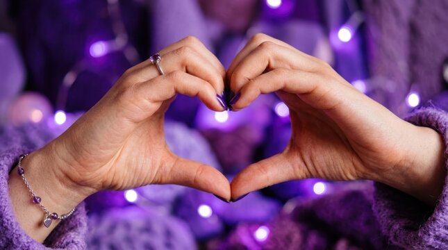 Two hands forming a heart shape with purple and white lights in the background.