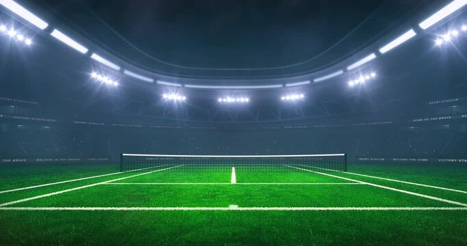 Grass tennis court at a sports arena in foggy weather with shining floodlights and fans ready for an upcoming nighttime sports event. Loopable professional sports advertisement video background.