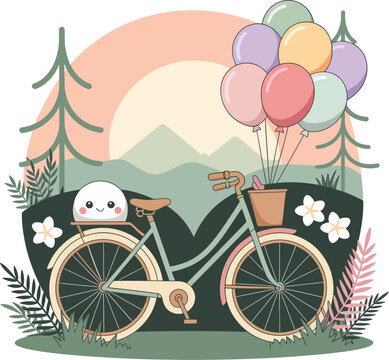 Whimsical Bicycle Adventure with Balloons and Cute Character in Nature Illustration
