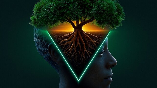 Digitales Kunstbild eines leuchtenden umgekehrten Dreiecks mit einem Sonnenuntergang und einem Baum mit Wurzeln auf t&uuml;rkis-dunkelgr&uuml;nem Hintergrund
