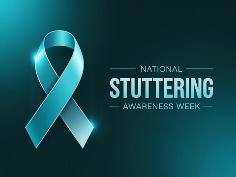 National stuttering awareness week concept with teal awareness ribbon on dark background