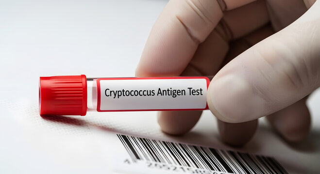 Hand in glove holding medical test tube labeled Cryptococcus Antigen Test image