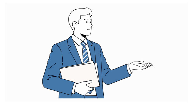 A young businessman with light brown hair in a blue suit gestures toward space while holding a white document folder on a white background.