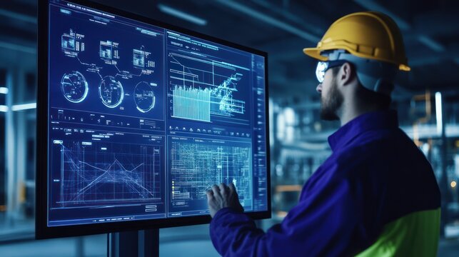 Industrial worker interacting with large touchscreen display in factory