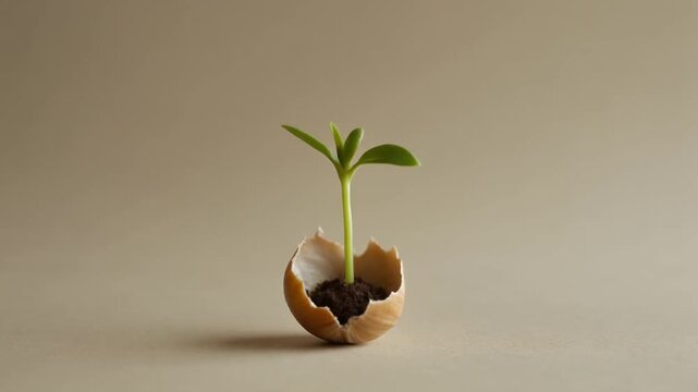 Small green sprout growing upward from inside a cracked hazelnut shell in this cinematic slow motion video sequence showing the development of a tiny plant against a soft neutral studio background